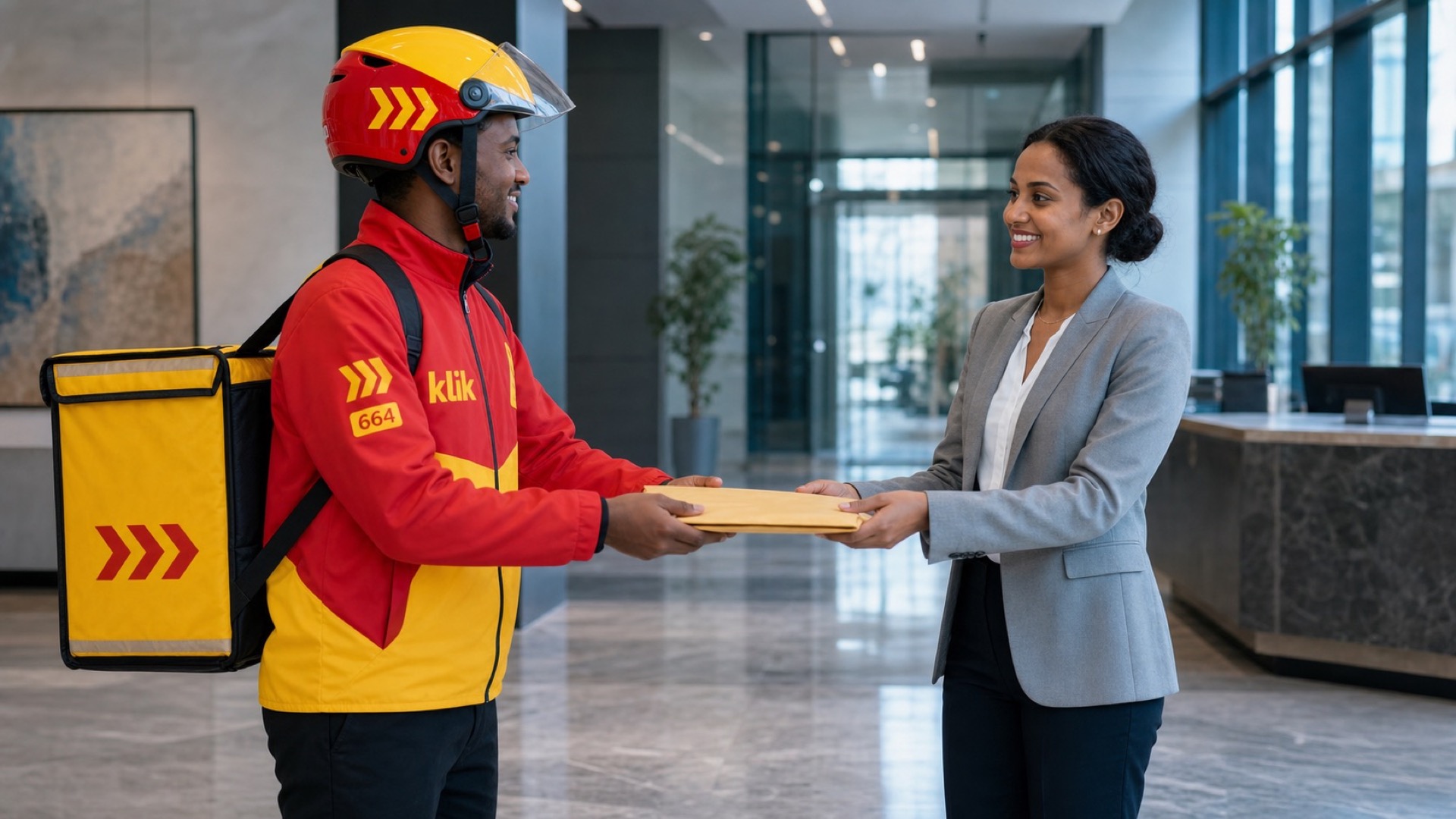 A klik rider handing documents to a professional in an Addis Ababa office